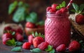 Fresh homemade strawberry smoothie in jar with mint and fresh berries Royalty Free Stock Photo