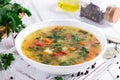 Fresh homemade vegetable soup with egg