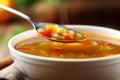 Fresh homemade vegetable soup steel spoon. Generate Ai