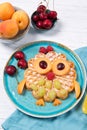 Fresh homemade waffle with fruits and berries in the shape of cute owl with balloons, food for kids idea Royalty Free Stock Photo