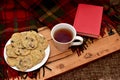 Fresh homemade warm chocolate chip cookies with tea to relax and enjoy a good book on cold winter day