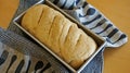 Raw whole grain bread dough in baking tin, oven ready Royalty Free Stock Photo