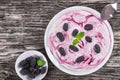 Fresh homemade yogurt with mulberry and mint in cups Royalty Free Stock Photo