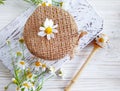 Fresh honey chamomile flower container aromatic delicious wooden background