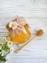 Fresh honey chamomile flower on wooden background