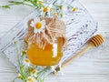Fresh honey chamomile flower aromatic delicious wooden background