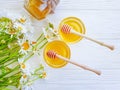 Fresh honey daisy flower healthy dessert nutrition vitamin wooden background delicious