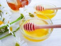 Fresh honey daisy flower healthy nutrition vitamin wooden background delicious