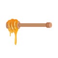 Fresh honey dripping from wooden dipper. Natural and healthy product from apiary farm. Flat vector design