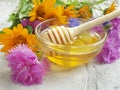 Fresh honey flower calendula  summer   nutrition   creative  concrete background Royalty Free Stock Photo