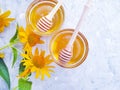 Fresh honey flower calendula composition refreshment a gray concrete background Royalty Free Stock Photo