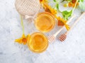 Fresh honey flower calendula healthy composition refreshment a gray concrete background Royalty Free Stock Photo