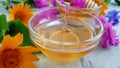 Fresh honey flower calendula nutrition dessert liquid organic on concrete background