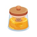 Fresh honey in glass jar with wooden lid and dipper. Organic food. Natural homemade product. Flat vector icon