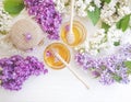 Fresh honey lilac flower rustic healthy on wooden background freshness