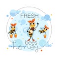 Fresh honey. Proprietress bee. Hostess bee. Vector honey label, emblem design.Swarm bees fly in the clouds.