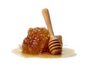 Fresh Honeycomb slice and wooden honey dipper isolated on white background Royalty Free Stock Photo