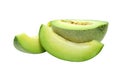 Fresh honeydew fruit slice to piece and half isolated on white baclground with clipping path. Melon peel grunge texture. sweet des Royalty Free Stock Photo