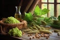 fresh hops and barley on rustic wooden table