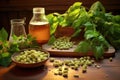 fresh hops on a wooden table with beer ingredients