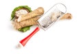 Fresh Horseradish Roots and sauce with shredder Royalty Free Stock Photo