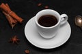 Fresh hot black coffee in white cup on black background. Coffee time relax concept. Closeup Royalty Free Stock Photo