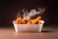 fresh hot chicken tenders or wings in takeaway container, hot ready to serve and eat banner with copy space empty area ,Generative