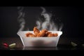 fresh hot chicken tenders or wings in takeaway container, hot ready to serve and eat banner with copy space empty area ,Generative