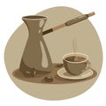 Fresh hot coffee on table. Vector flat illustration of freshly brewed coffee and coffee maker. Coffee in Turkey