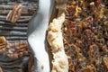 Fresh hot pecan pie served on a rustic table top