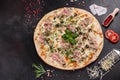 Fresh hot pizza with bacon, onions, greens and tomatoes made in an oven Royalty Free Stock Photo