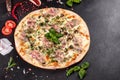 Fresh hot pizza with bacon, onions, greens and tomatoes made in an oven Royalty Free Stock Photo