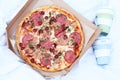 Fresh hot pizza in the fresh air  picnic  food at the resort Royalty Free Stock Photo