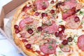 Fresh hot pizza with tomato sauce, cheese, bacon, sausage and spices in the fresh air, picnic, food at the resort Royalty Free Stock Photo