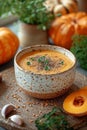 fresh hot pumpkin soup in a beautiful ceramic bowl