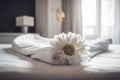 spa towel comfortable window bath flower welcome modern bed bedchamber. Generative AI. Royalty Free Stock Photo