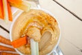 Fresh hummus dip with raw carrot and celery Royalty Free Stock Photo