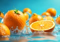 Fresh hyper realistic oranges splash in blue background, water drops Royalty Free Stock Photo