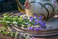 Fresh hyssop flowers on a table, outdoors