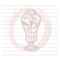 Fresh ice-cream with the chocolate toping in the glass vase. Hand-drawn sketch style.