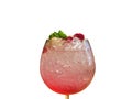 Fresh ice Lychee soda juice with rose scent beverage inside transparent glass on white background.