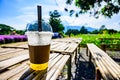 Fresh ice tea in plastic glass with flower garden Royalty Free Stock Photo