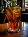 Fresh ice tea with lemon, mint, straw in glass on blur background. Cold drink closeup for National Iced Tea Day. Generative AI Royalty Free Stock Photo