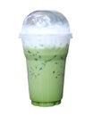 Fresh Iced Matcha green tea latte with milk foam in tall plastic glass isolated on white background Royalty Free Stock Photo