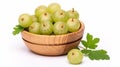 Fresh Indian gooseberry fruits in wooden bowl with green leaves on white background. generative ai Royalty Free Stock Photo