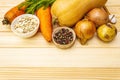 Fresh ingredient for pumpkin soup. Vegetables on wooden Royalty Free Stock Photo