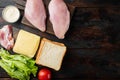 Fresh ingredients for tasty sandwich, on old wooden table, top view with copy space for text Royalty Free Stock Photo