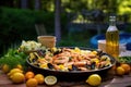 fresh ingredients arranged around outdoor bbq seafood paella