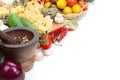 Fresh ingredients for cooking: pasta, tomato, cucumber, mushroom Royalty Free Stock Photo