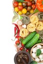 Fresh ingredients for cooking: pasta, tomato, cucumber, mushroom Royalty Free Stock Photo